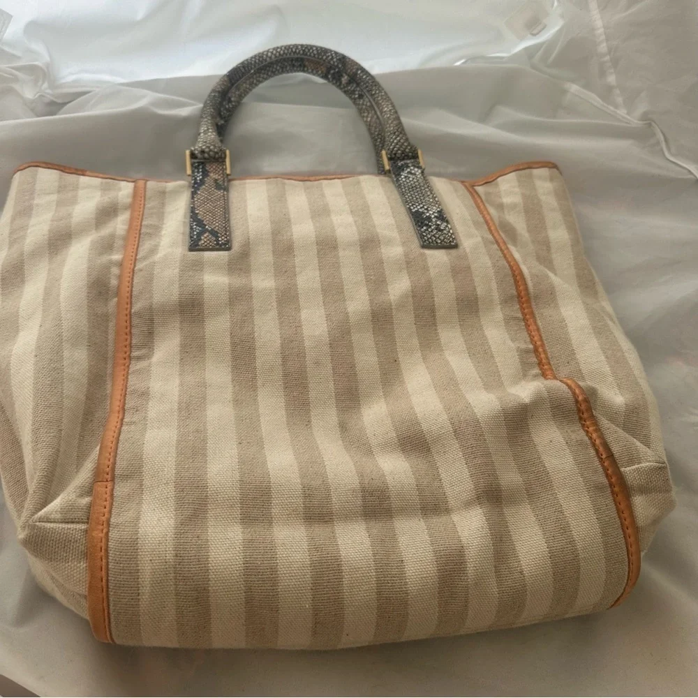 Treesje Beige Stripe Canvas Snakeskin Print Handbag Satchel Purse